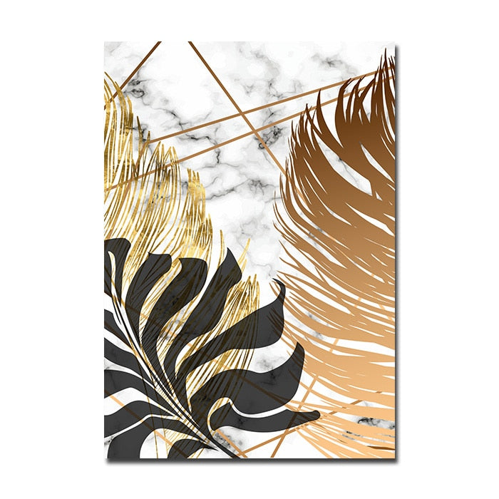 Nordic Tropical Gold Leaves Abstract Wall Art Posters Fine Art Canvas Prints Pictures For Modern Apartment Stue Dekor | Skanto