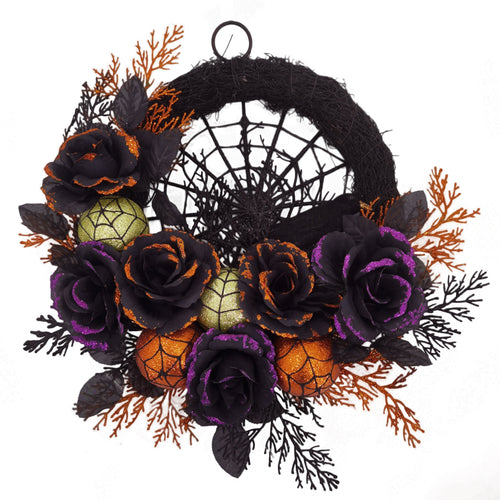 Skanto | Halloween Gotisk Blomsterkrans - Svart Roser & Spindelvev Frontdørdekor med Glitrende Akenter
