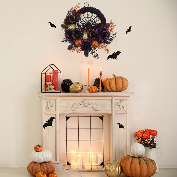Skanto | Halloween Gotisk Blomsterkrans - Svart Roser & Spindelvev Frontdørdekor med Glitrende Akenter