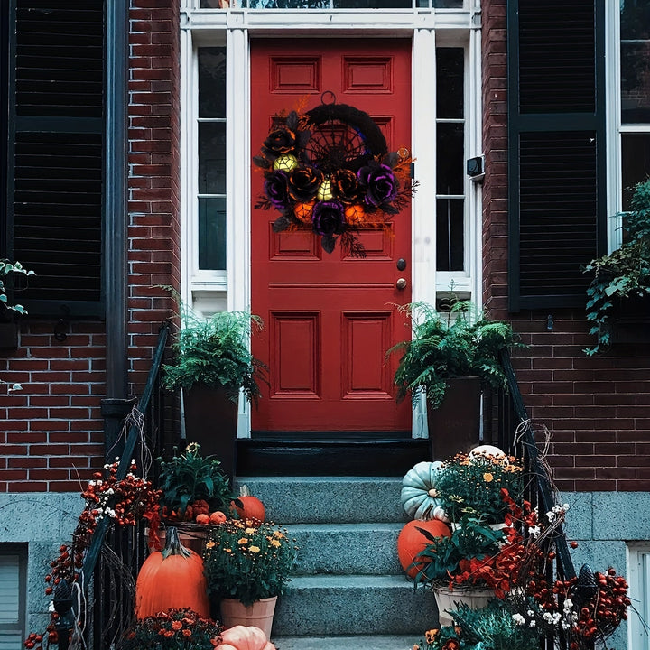 Skanto | Halloween Gotisk Blomsterkrans - Svart Roser & Spindelvev Frontdørdekor med Glitrende Akenter