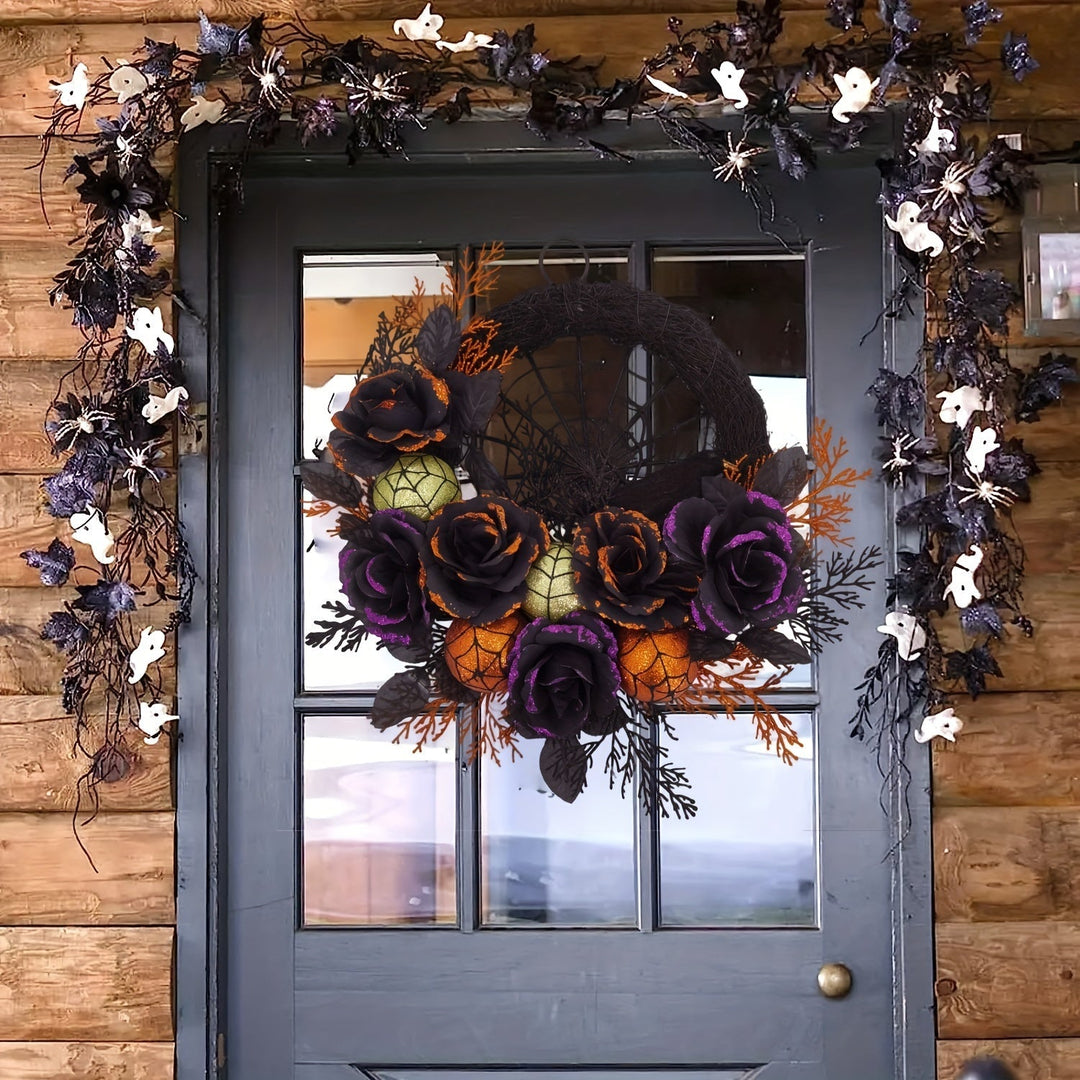 Skanto | Halloween Gotisk Blomsterkrans - Svart Roser & Spindelvev Frontdørdekor med Glitrende Akenter