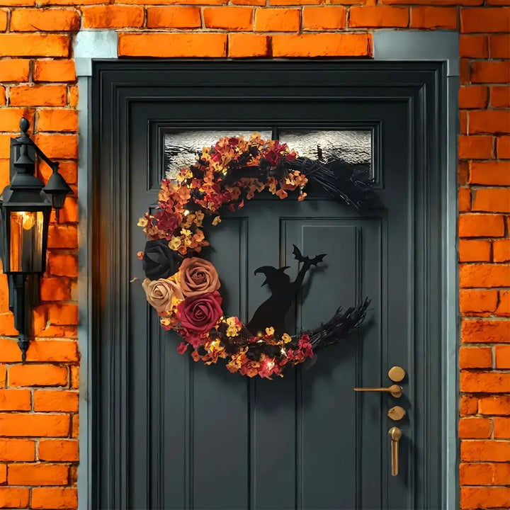 Skanto | Rustikk Heks Krans – Halvmåne Halloween Blomster Dørdekorasjon