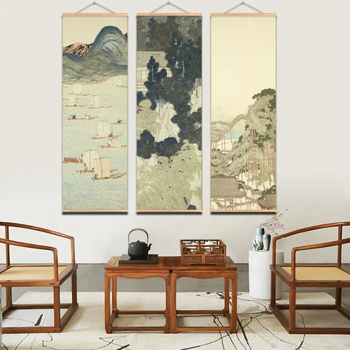 Japansk Ou-Mi Ukiyoe Rulleskriftsutskrift Poster Landskap Veggkunst Bilder Stue Vintage Maleri Bondegård Innredning
