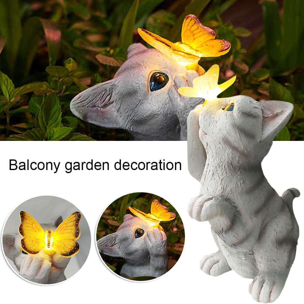 Skanto | SolarPurr Hagebelysning | LED Katt Figur med Sommerfugl | Soldrevet | Værbestandig | Utendørs Dekorasjon