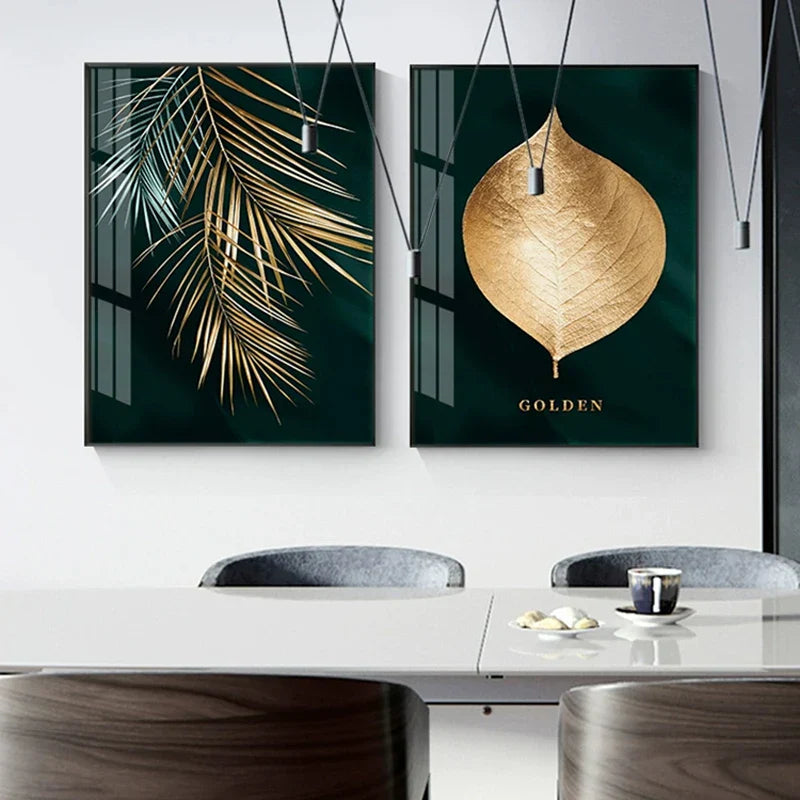 Sett med 3 deler Gyldent blad veggkunst Minimalistisk nordisk tropisk planter Fin kunst lerret trykk bilder for stue spisestue kunst dekor | Skanto