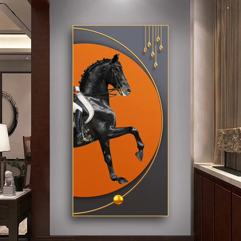 Elegant Ritter Veggkunst Fine Art Lerrettrykk Majestetisk Brunt Hesteportrett på abstrakt oransje bakgrunn for bilder for moderne interiør | Skanto