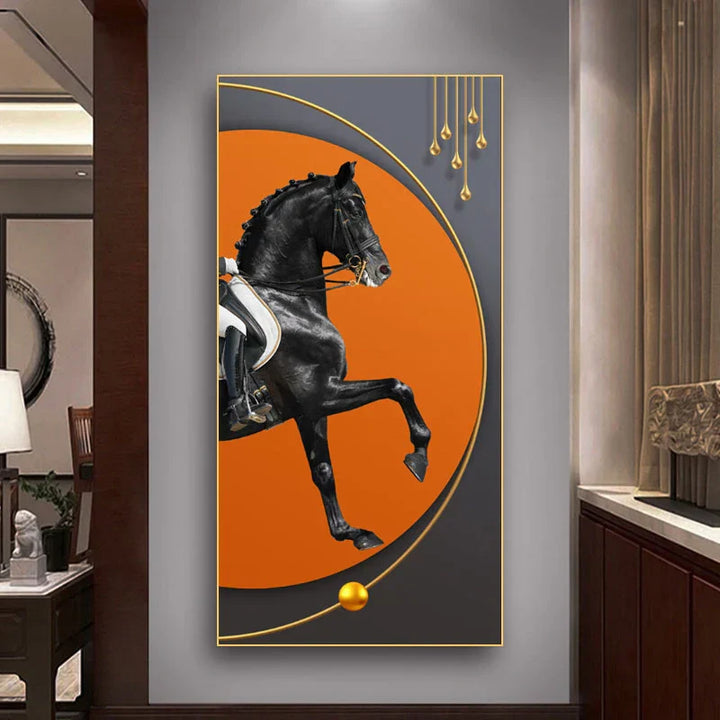 Elegant Ritter Veggkunst Fine Art Lerrettrykk Majestetisk Brunt Hesteportrett på abstrakt oransje bakgrunn for bilder for moderne interiør | Skanto