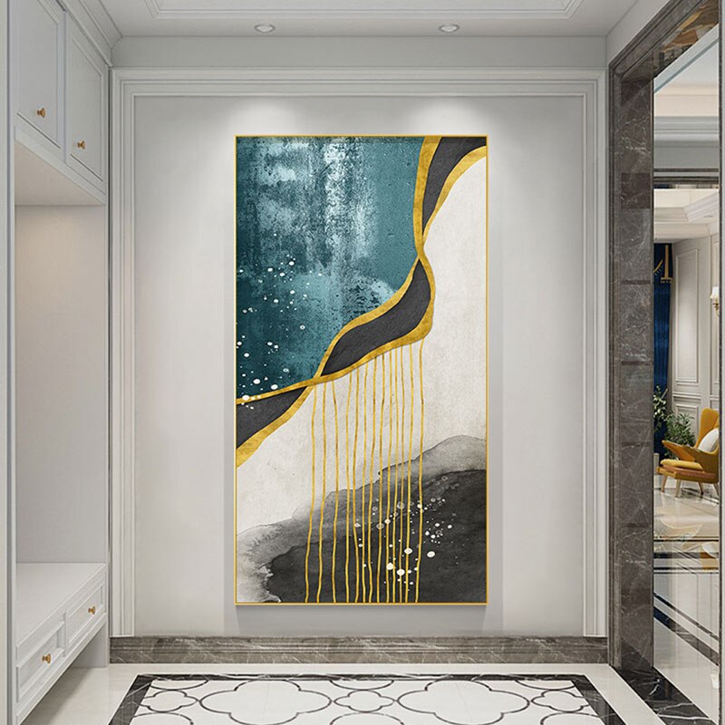 Abstrakt Gylden Regn Vertikalt Format Veggkunst Fine Art Lerretstrykk Bilder For Inngangshall Resepsjon Stue Kunst Dekor | Skanto