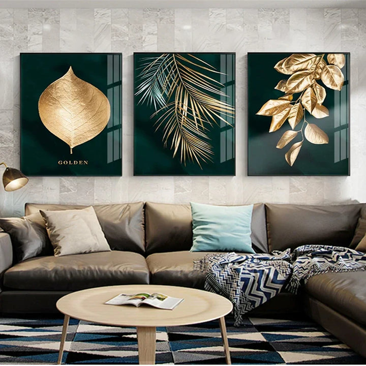 Sett med 3 deler Gyldent blad veggkunst Minimalistisk nordisk tropisk planter Fin kunst lerret trykk bilder for stue spisestue kunst dekor | Skanto