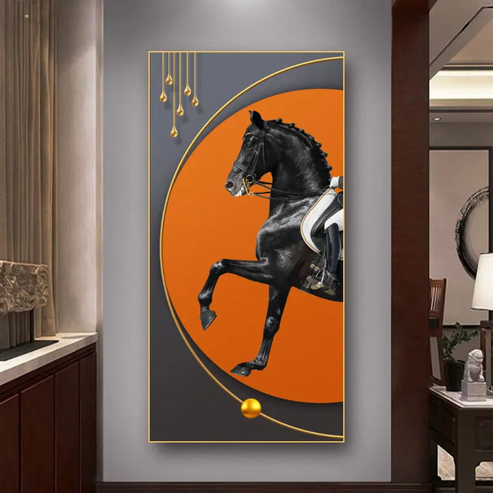 Elegant Ritter Veggkunst Fine Art Lerrettrykk Majestetisk Brunt Hesteportrett på abstrakt oransje bakgrunn for bilder for moderne interiør | Skanto