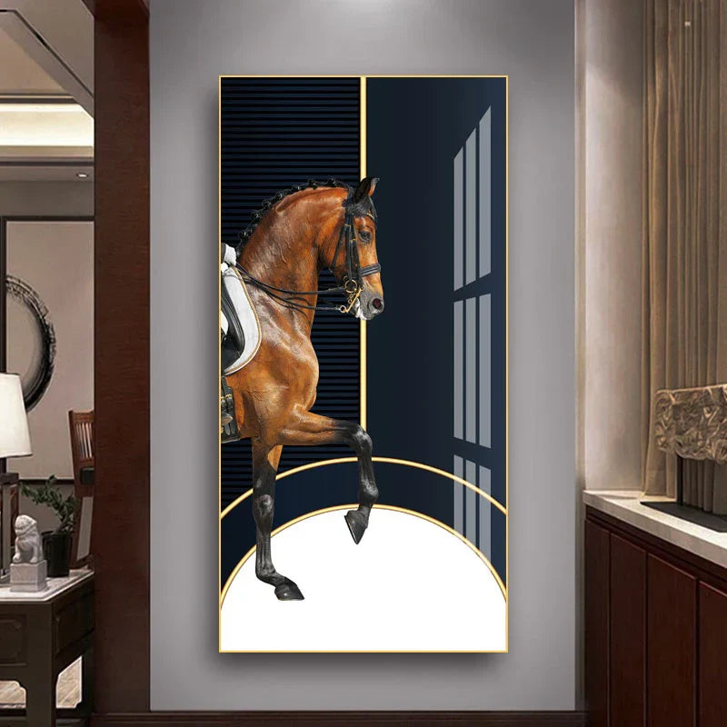 Elegant Ritter Veggkunst Fine Art Lerrettrykk Majestetisk Brunt Hesteportrett på abstrakt oransje bakgrunn for bilder for moderne interiør | Skanto