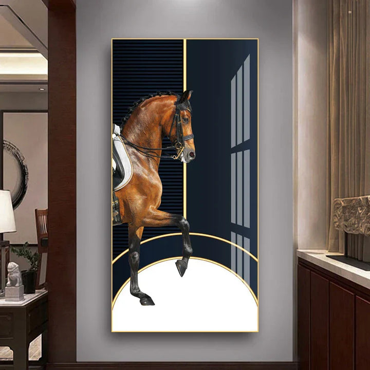 Elegant Ritter Veggkunst Fine Art Lerrettrykk Majestetisk Brunt Hesteportrett på abstrakt oransje bakgrunn for bilder for moderne interiør | Skanto