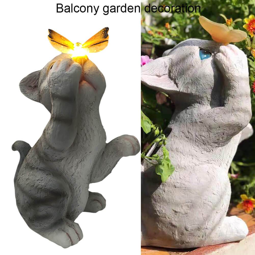Skanto | SolarPurr Hagebelysning | LED Katt Figur med Sommerfugl | Soldrevet | Værbestandig | Utendørs Dekorasjon