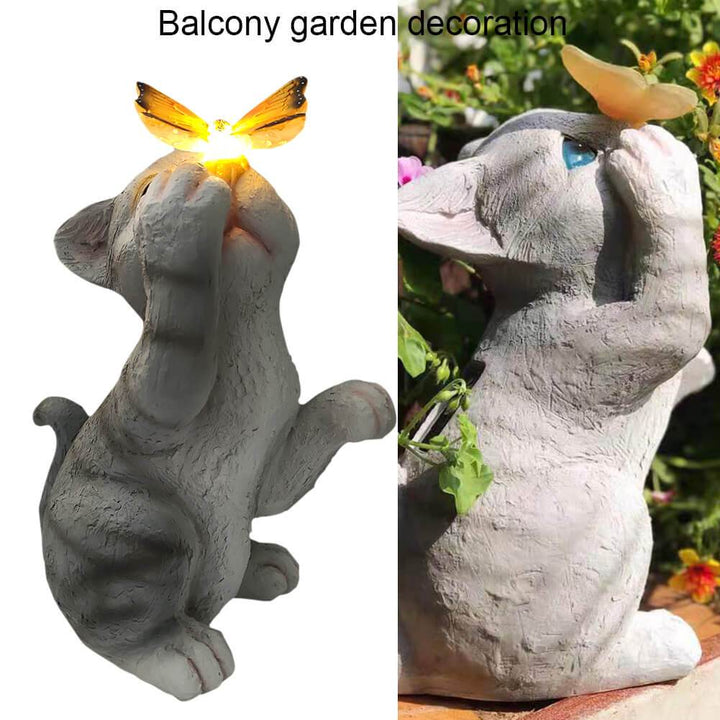 Skanto | SolarPurr Hagebelysning | LED Katt Figur med Sommerfugl | Soldrevet | Værbestandig | Utendørs Dekorasjon