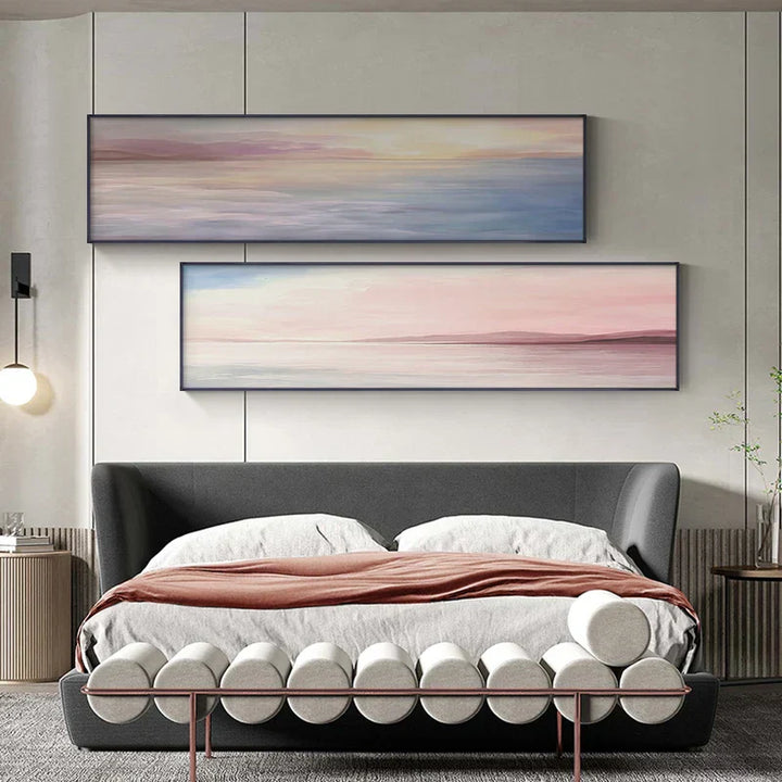 Pastellblå Rosa Lilla Abstrakt Landskap Veggkunst Fine Art Lerretstrykk Bredformatbilde Til Soverommet Over Sengen Eller Over Sofaen | Skanto