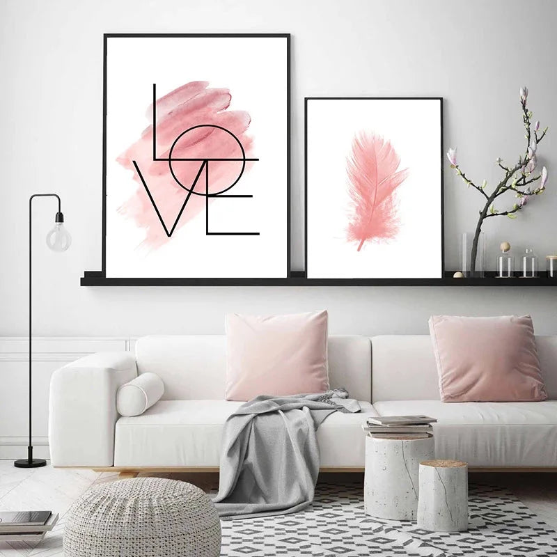 Blush Pink Love Feather Veggkunst Fine Art Lerretsutskrifter Minimalistisk Motebilder For Stue Jenters Soverom Motekunst Dekor | Skanto