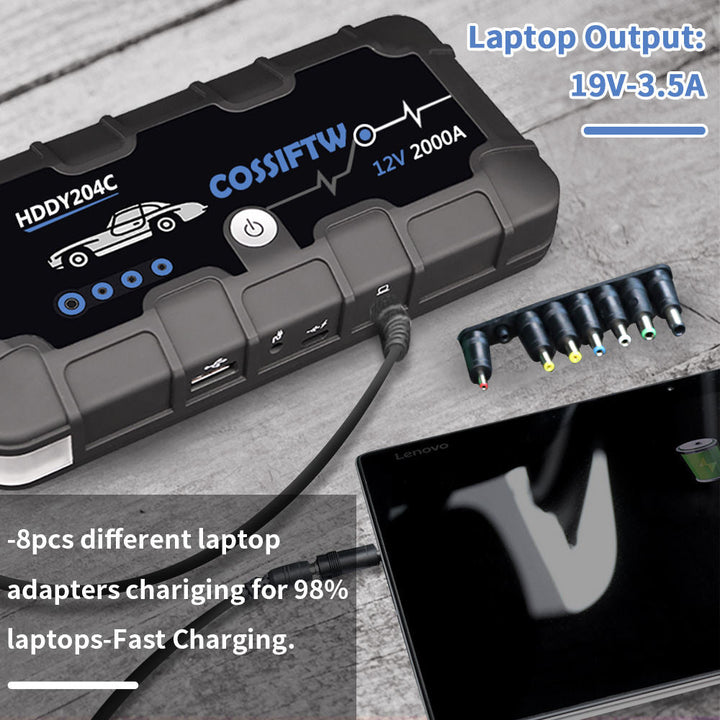 Skanto | 2000A UltraSafe 12V Bilstart – Bærbar Batteribooster med USB-lader og LED-lommelykt – Opptil 6.0L bensin / 3.0L dieselmotorer