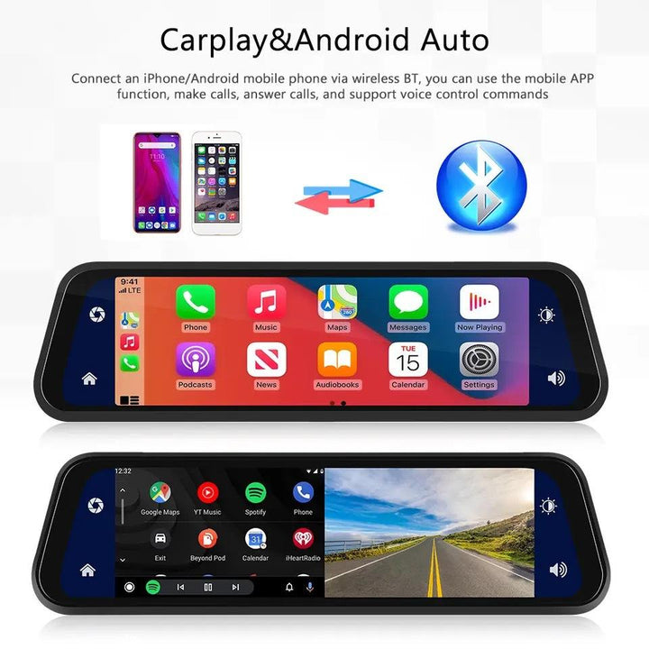 Skanto | VisionMirror Pro – Ultra HD Speil Dash Cam med Trådløs CarPlay & Android Auto