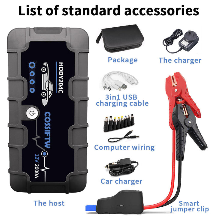 Skanto | 2000A UltraSafe 12V Bilstart – Bærbar Batteribooster med USB-lader og LED-lommelykt – Opptil 6.0L bensin / 3.0L dieselmotorer