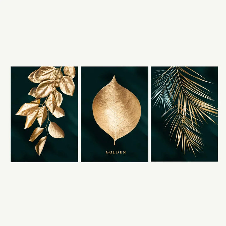 Sett med 3 deler Gyldent blad veggkunst Minimalistisk nordisk tropisk planter Fin kunst lerret trykk bilder for stue spisestue kunst dekor | Skanto