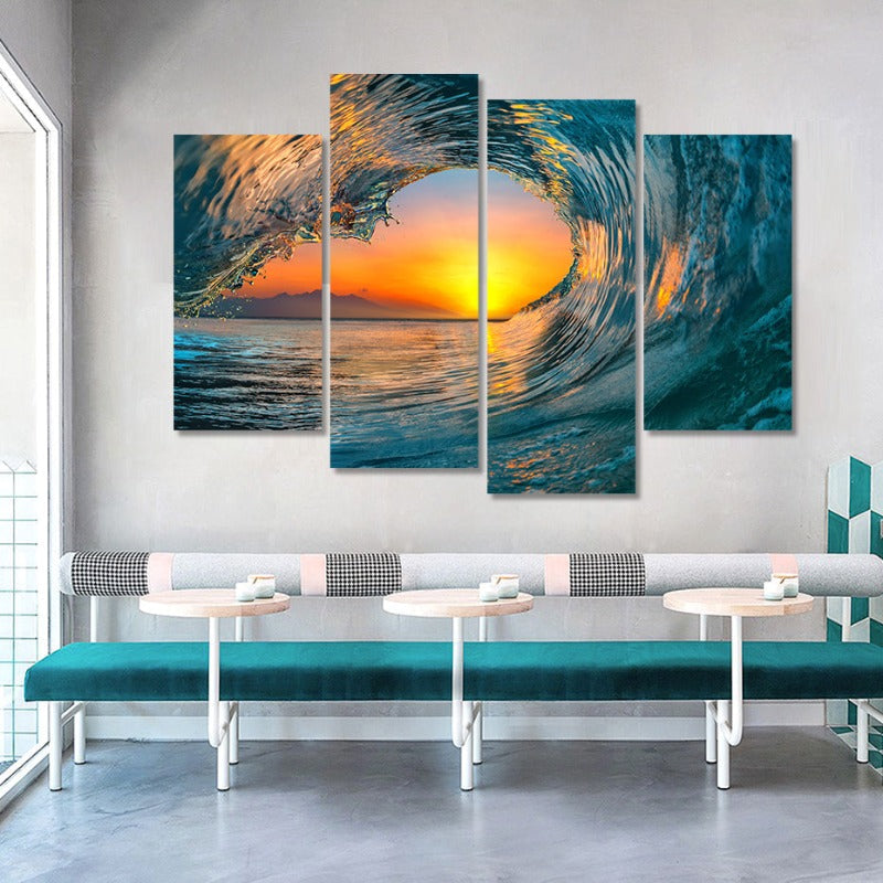 5-delt abstrakt solnedgang gjennom havbølge - lerret veggkunstmaleri | Skanto