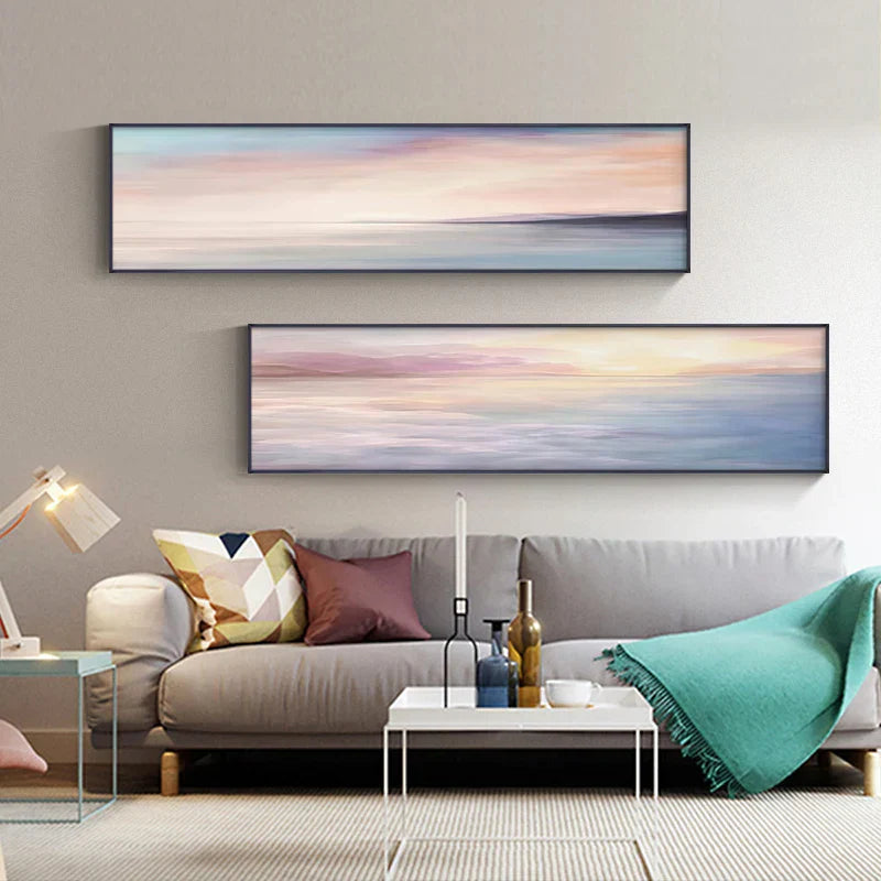 Pastellblå Rosa Lilla Abstrakt Landskap Veggkunst Fine Art Lerretstrykk Bredformatbilde Til Soverommet Over Sengen Eller Over Sofaen | Skanto