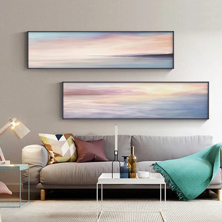 Pastellblå Rosa Lilla Abstrakt Landskap Veggkunst Fine Art Lerretstrykk Bredformatbilde Til Soverommet Over Sengen Eller Over Sofaen | Skanto