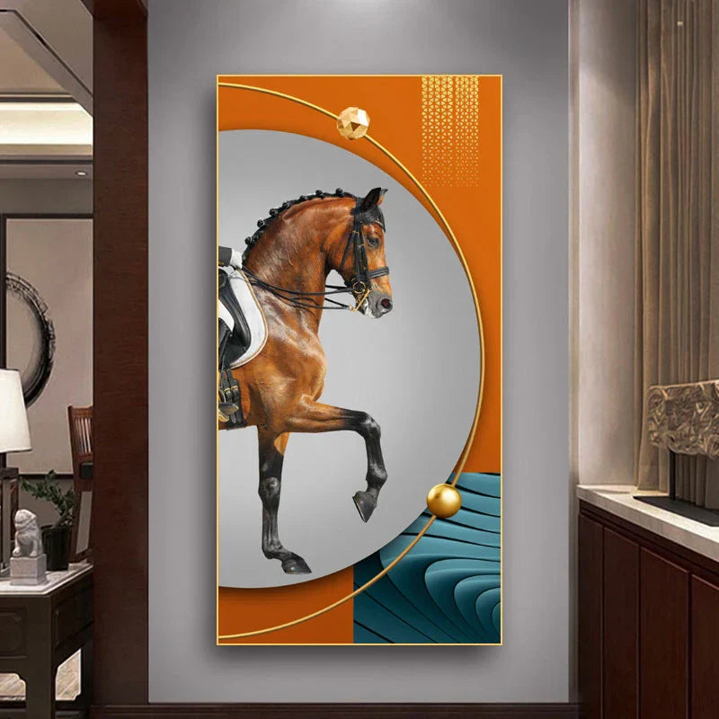 Elegant Ritter Veggkunst Fine Art Lerrettrykk Majestetisk Brunt Hesteportrett på abstrakt oransje bakgrunn for bilder for moderne interiør | Skanto