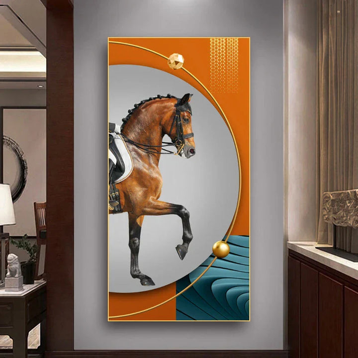 Elegant Ritter Veggkunst Fine Art Lerrettrykk Majestetisk Brunt Hesteportrett på abstrakt oransje bakgrunn for bilder for moderne interiør | Skanto