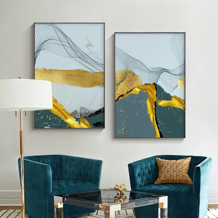 Blå Gylden Minimalistisk Veggkunst Fin Kunst Lærredstrykk Skandinaviske Abstrakte Bilder For Moderne Leilighet Stue Hjemmekontor Dekor | Skanto