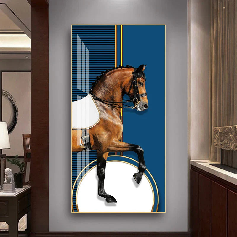 Elegant Ritter Veggkunst Fine Art Lerrettrykk Majestetisk Brunt Hesteportrett på abstrakt oransje bakgrunn for bilder for moderne interiør | Skanto