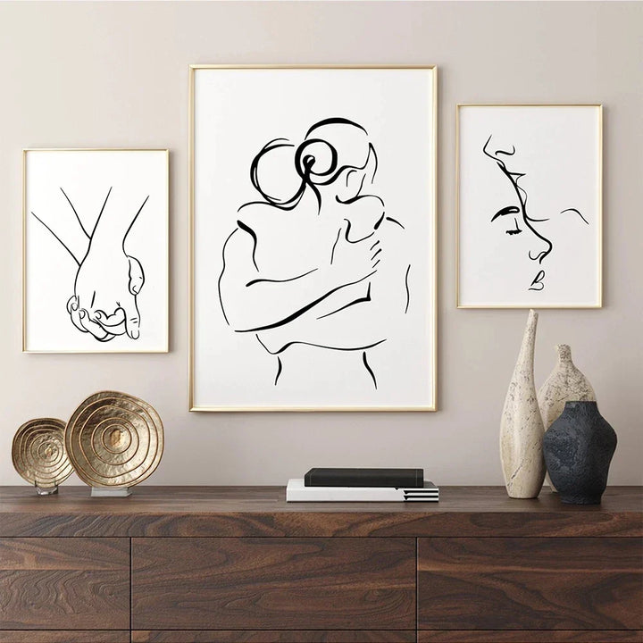 Romantiske elskere minimalistisk figurkunst linjekunst veggkunst fin kunst lerretsutskrifter bilder for soverom stue hjemme kontor dekor | Skanto