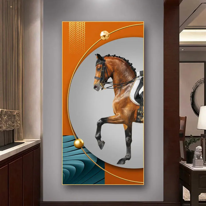 Elegant Ritter Veggkunst Fine Art Lerrettrykk Majestetisk Brunt Hesteportrett på abstrakt oransje bakgrunn for bilder for moderne interiør | Skanto