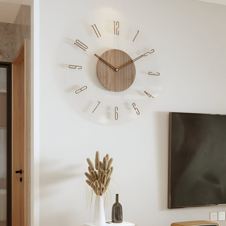 ClearWood Transparent Veggklokke – Stille Kvarts med Tre detaljer | Skanto