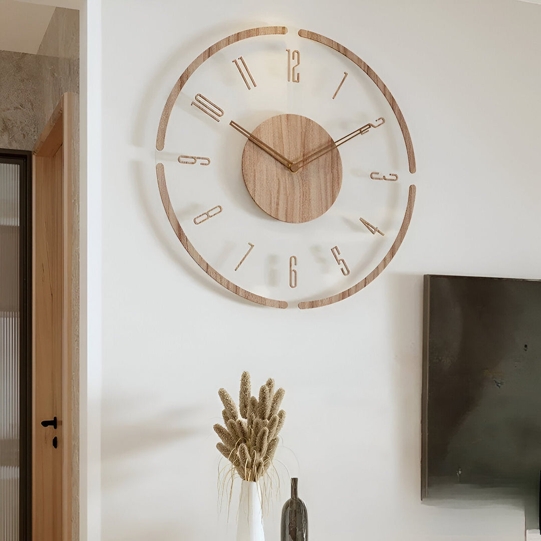 ClearWood Transparent Veggklokke – Stille Kvarts med Tre detaljer | Skanto