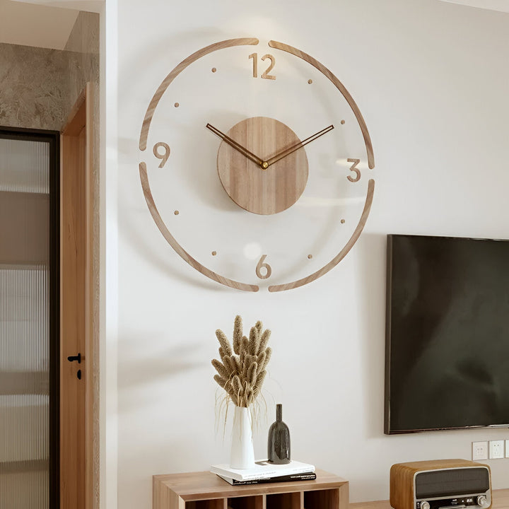 ClearWood Transparent Veggklokke – Stille Kvarts med Tre detaljer | Skanto