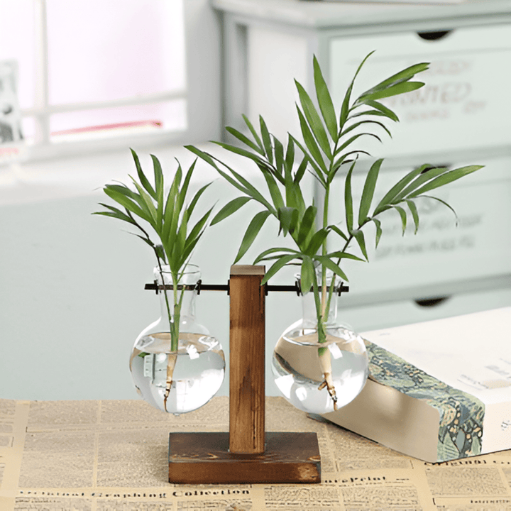 Skanto | Rustikk Tre Hydroponisk Planteholder med Glassvase
