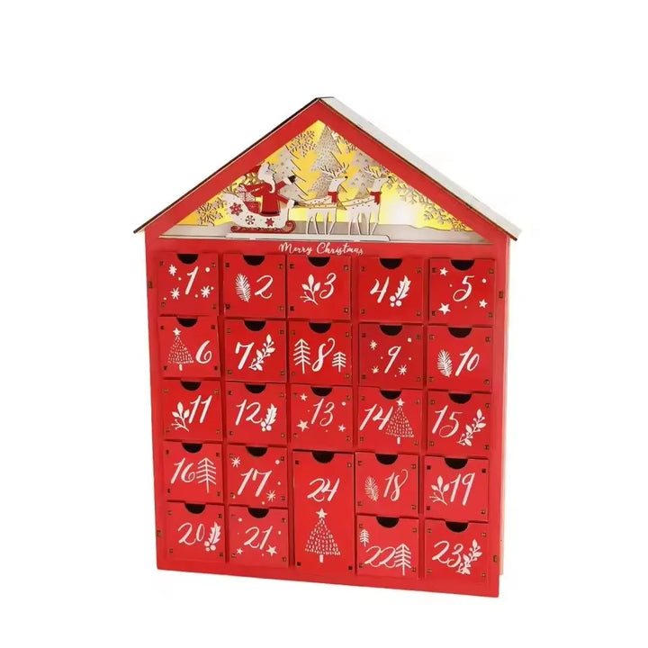 Skanto | Tre Adventskalender med 24 Oppbevaringsskuffer – Refillbar DIY Julekalender med Belysning, 30 x 6.3 x 39 cm