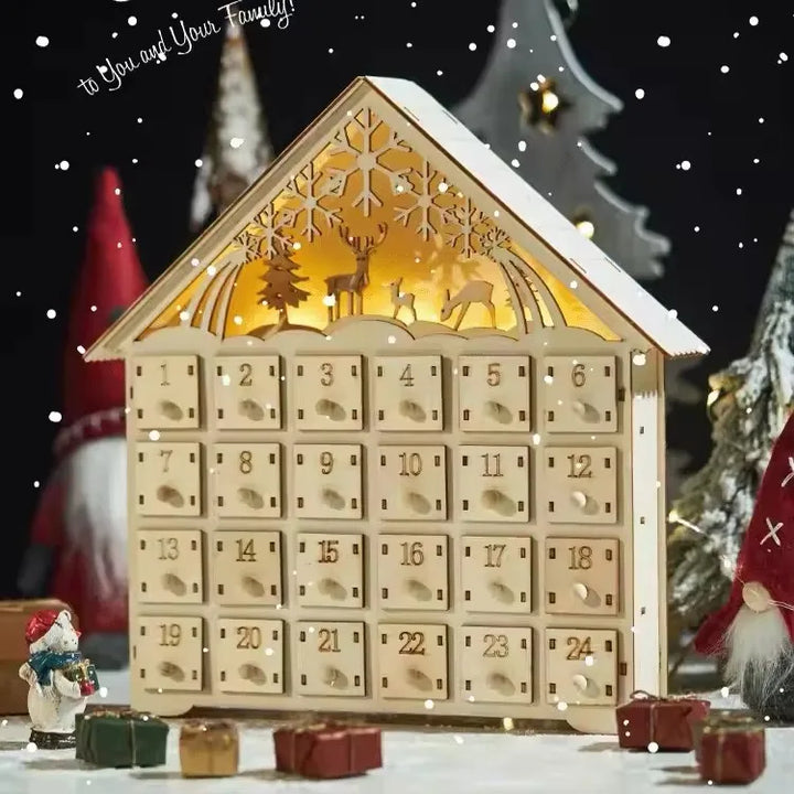 Skanto | Tre Adventskalender med 24 Oppbevaringsskuffer – Refillbar DIY Julekalender med Belysning, 30 x 6.3 x 39 cm