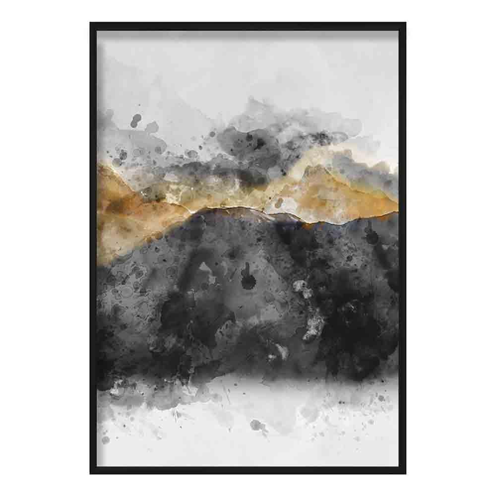 Svart og gult akvarell fjellkunsttrykk nr. 3