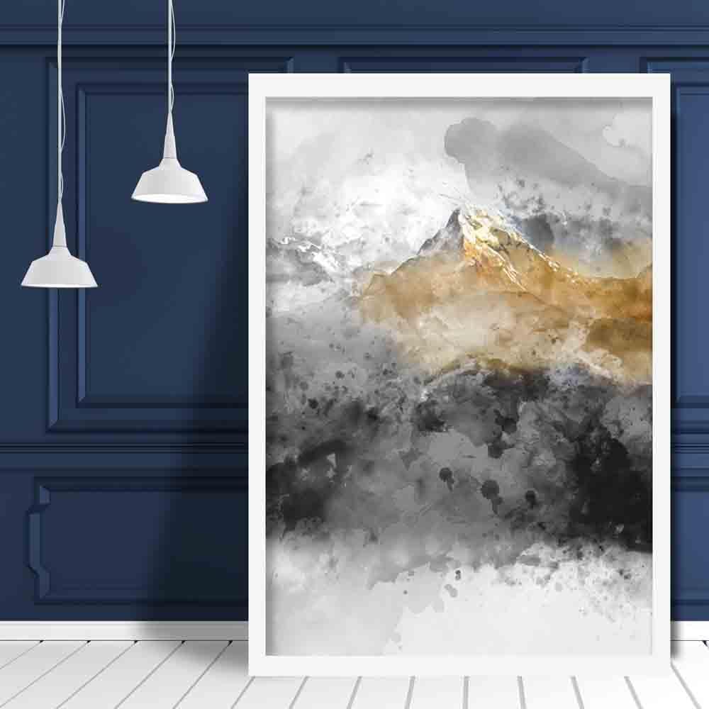 Svart og gult akvarell fjellkunsttrykk nr. 2