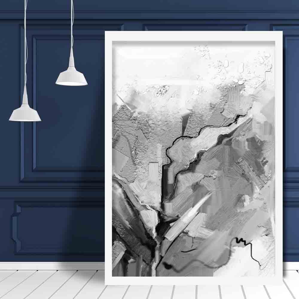Abstrakt, teksturert maleri i svart og grått nr. 2 kunsttrykk