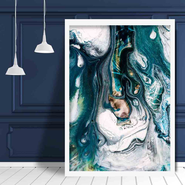 Abstrakt maleri i flytende, turkis maling (kunsttrykk)