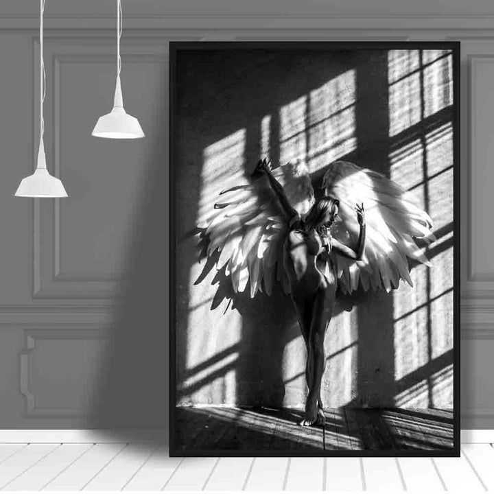 Fotokunsttrykk med engel i vinduet og skyggen