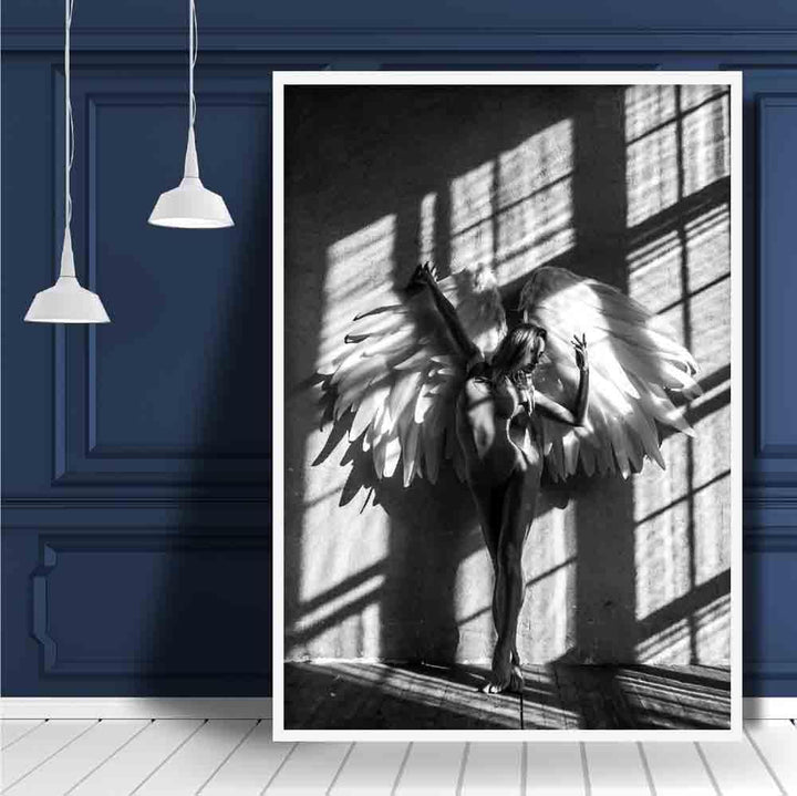 Fotokunsttrykk med engel i vinduet og skyggen