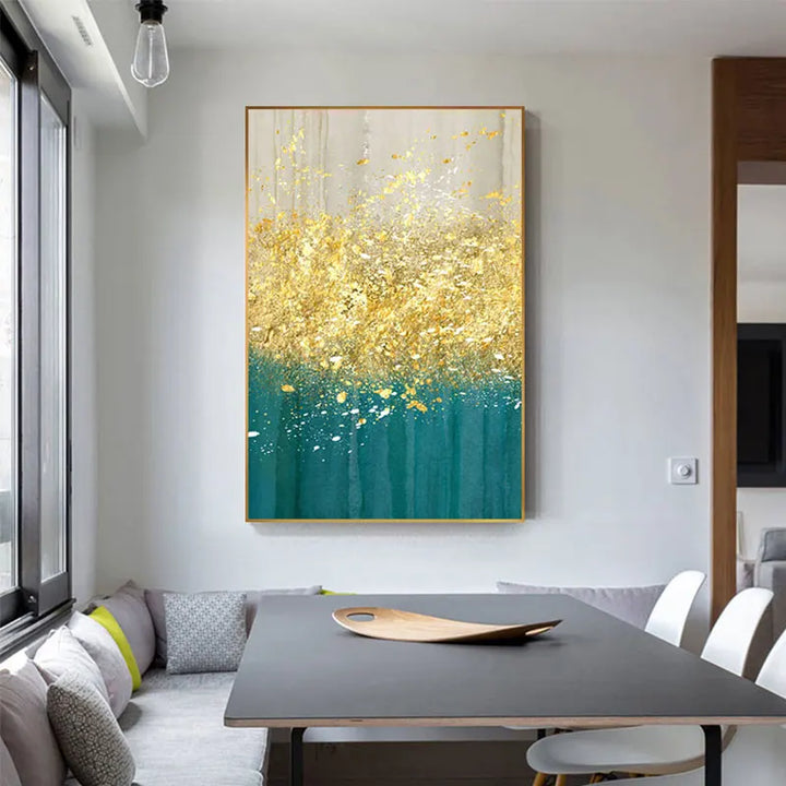 Jade Blå Lys Gylden Regn Veggkunst Fin Kunst Lerretstrykk Glade Abstrakte Bilder For Stue Spisestue Hjemmekontor Dekor | Skanto