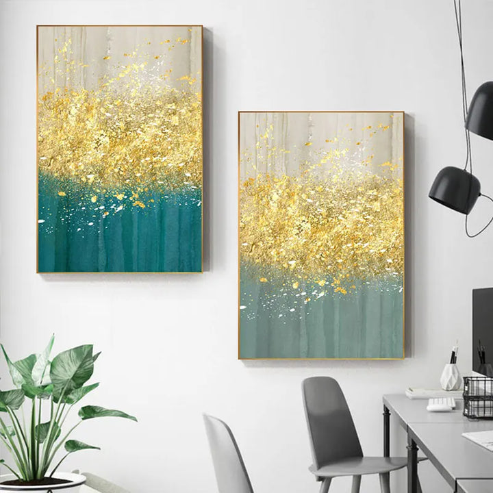 Jade Blå Lys Gylden Regn Veggkunst Fin Kunst Lerretstrykk Glade Abstrakte Bilder For Stue Spisestue Hjemmekontor Dekor | Skanto