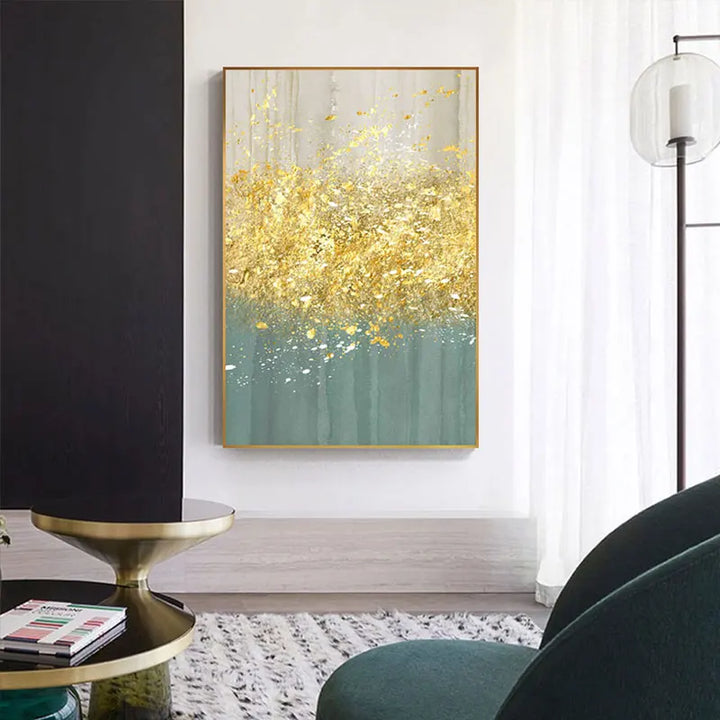 Jade Blå Lys Gylden Regn Veggkunst Fin Kunst Lerretstrykk Glade Abstrakte Bilder For Stue Spisestue Hjemmekontor Dekor | Skanto