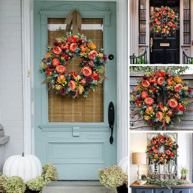 Skanto | Høstkrans med Peon og Gresskar 40 cm – Kunstig Dekorasjon til Thanksgiving, Multicolor, Rustikk Stil