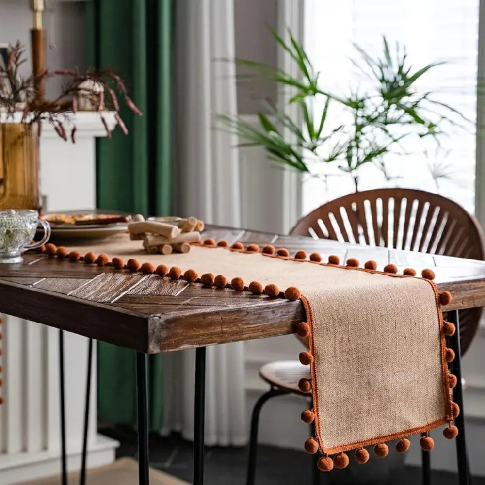 Skanto | Jute Bohemian Pom-Pom Bord Løper